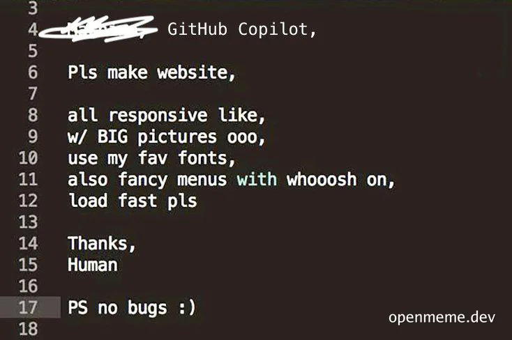 Github copilot request for a website with big pictures and fancy menus