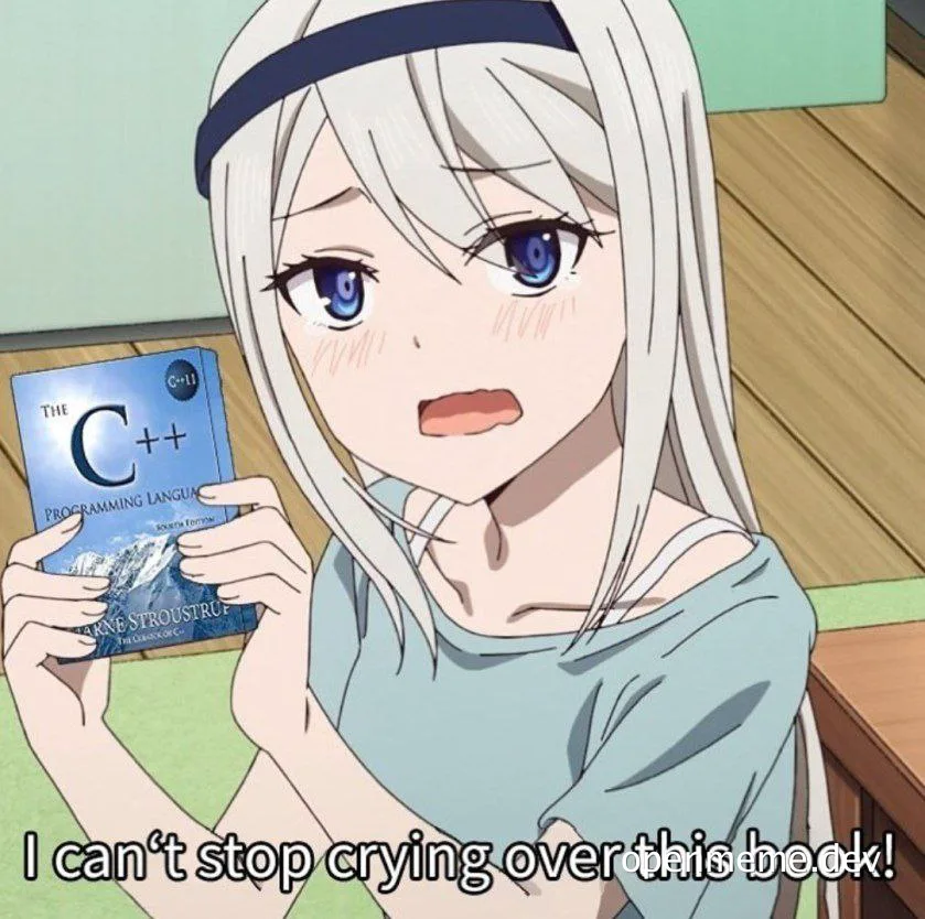 anime girl holding C++ book crying