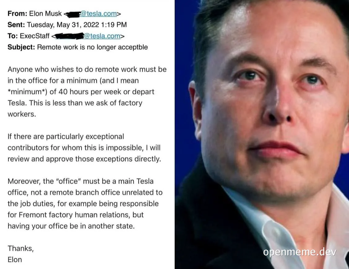 Elon Musk portrait with email about remote work policy