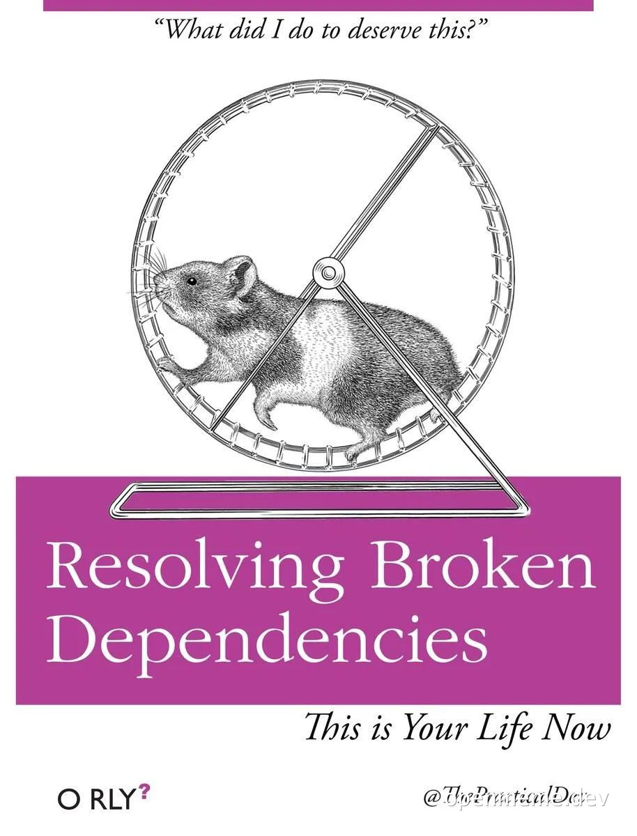 A humorous meme depicting a mouse in a wheel with the caption 'Resolving Broken Dependencies'