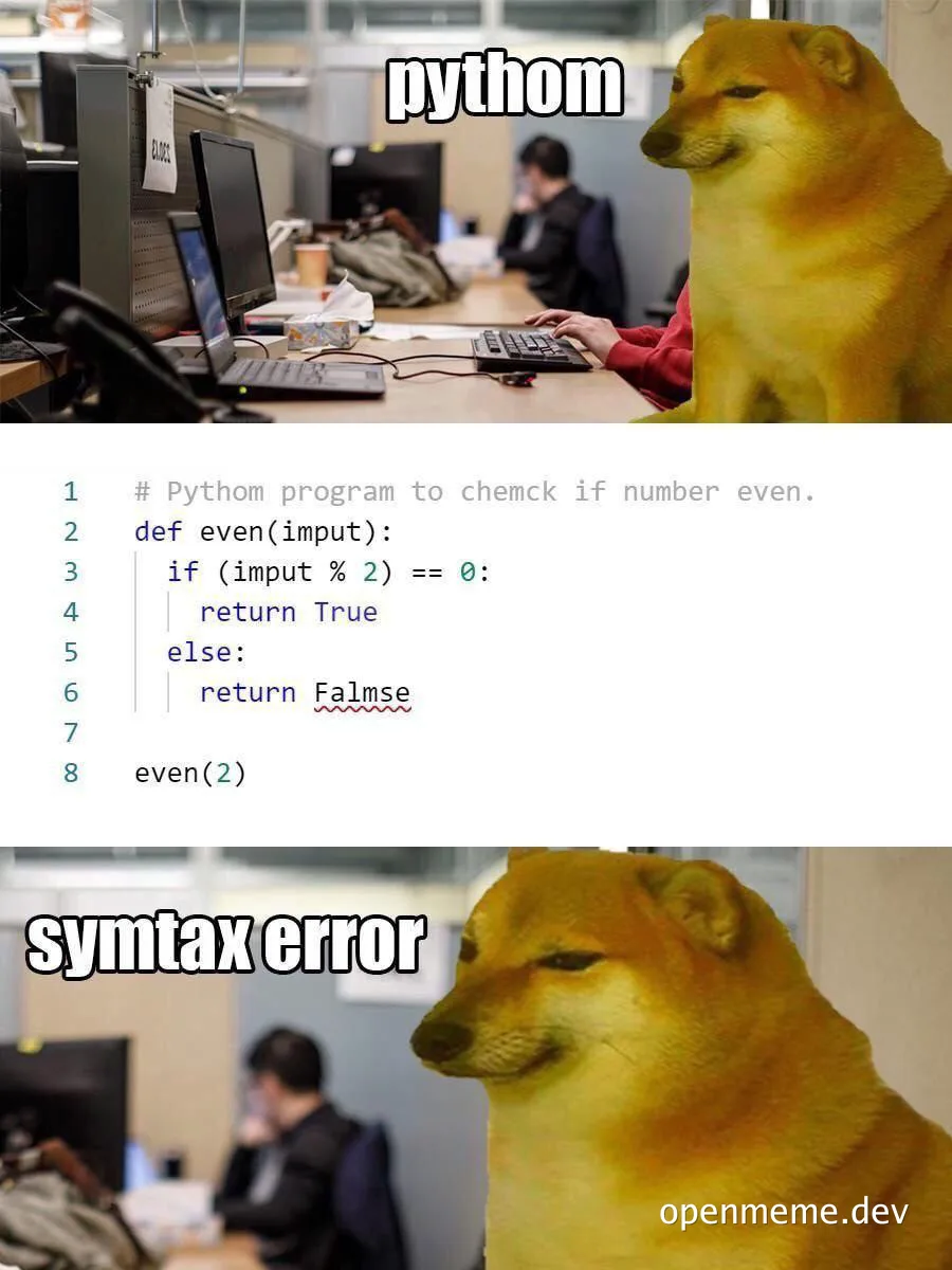 Doge meme with programmer getting syntax error