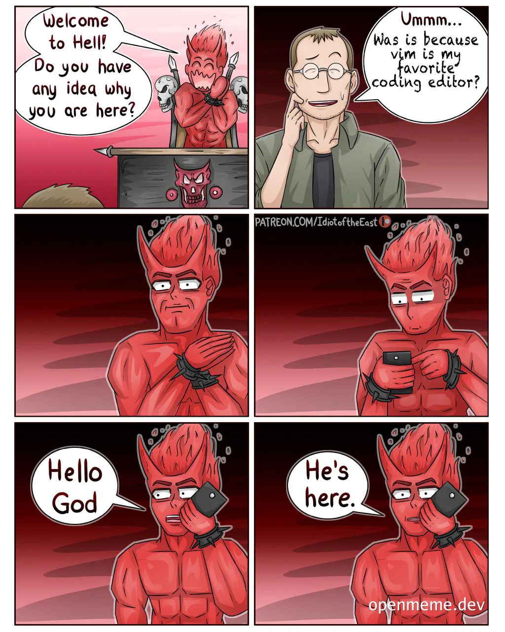 Devil welcomes a man to hell because he uses vim