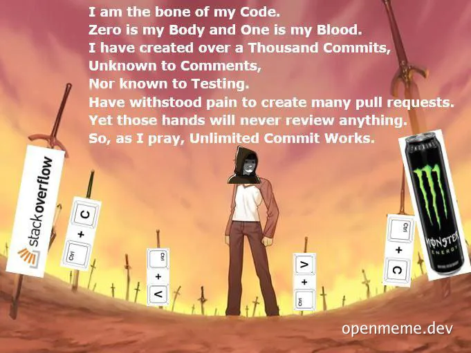Dark Souls character surrounded by coding symbols and a Monster Energy can, with a Stack Overflow logo, humorously depicting a programmer's dedication to coding.