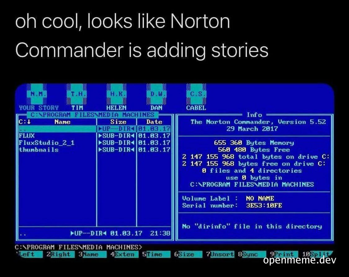 Norton Commander screenshot with a humorous caption about adding stories
