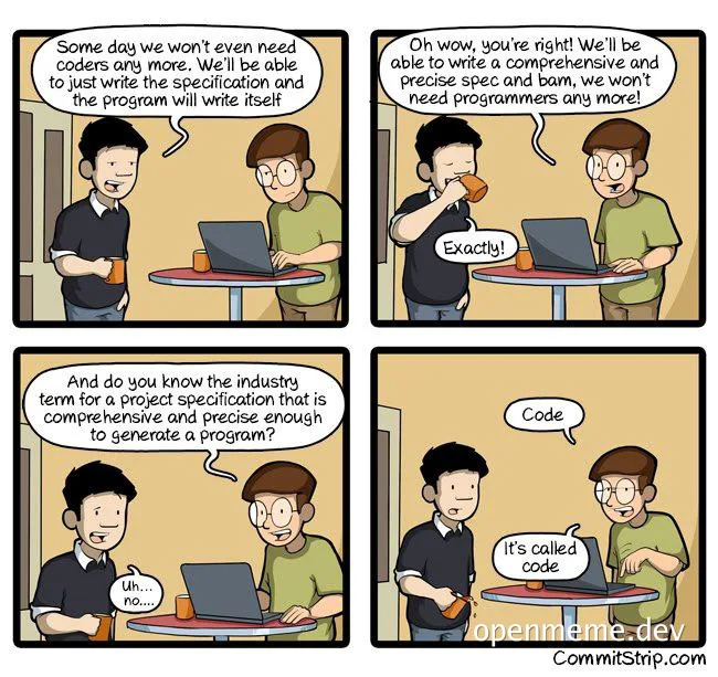 Comic strip about programmers discussing the future of coding