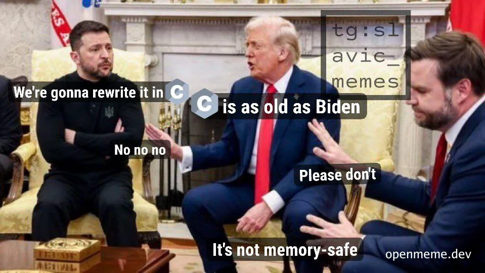 Donald Trump and two other men in a meeting, with text overlay about rewriting code in C