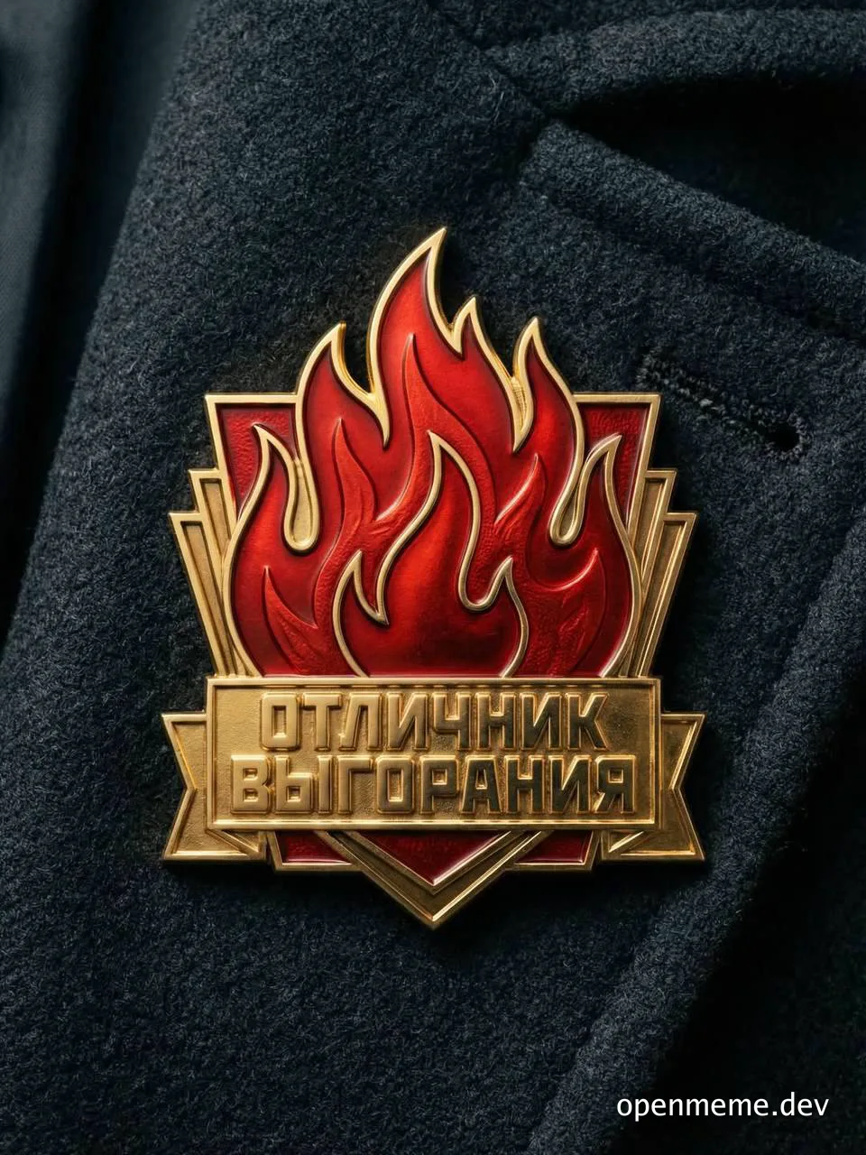 A gold and red pin with a flame design and Russian text on a dark fabric background