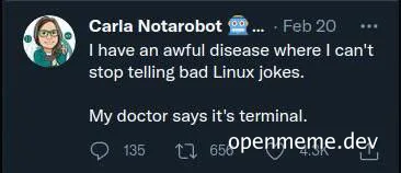 a tweet about a terminal disease where the patient can't stop telling bad linux jokes