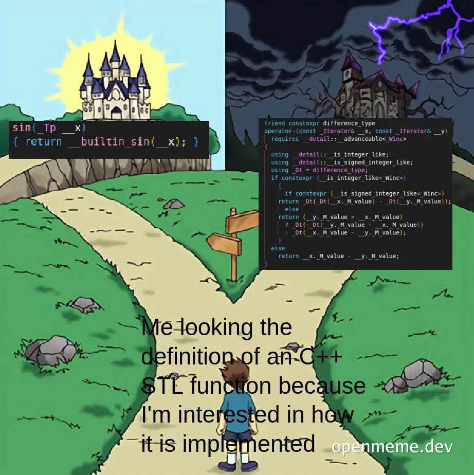 cartoon meme of a boy looking at two paths with code snippets on castles in the distance