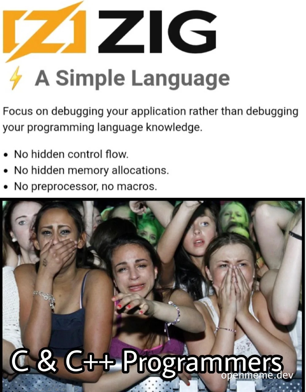 a group of women covering their mouths in shock, with text about the Zig programming language and C & C++ programmers