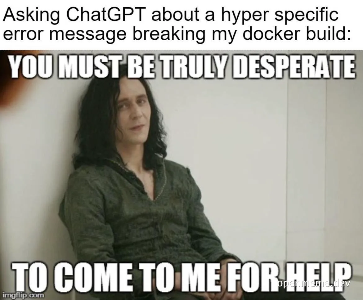 humorous image of a person looking desperate with text about asking ChatGPT for help with a docker build error