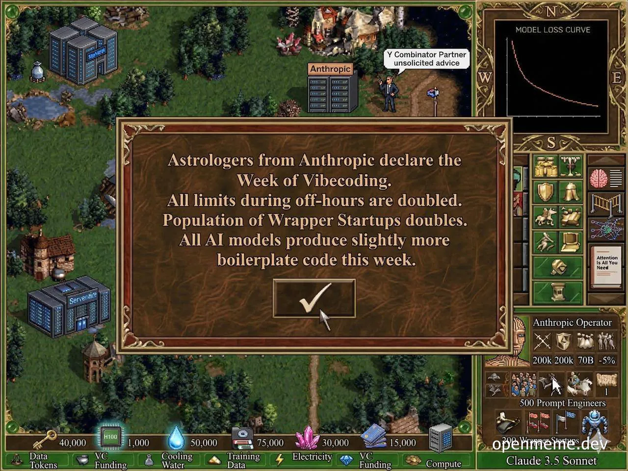 Humorous game screenshot parodying AI development with 'Week of Vibecoding' announcement