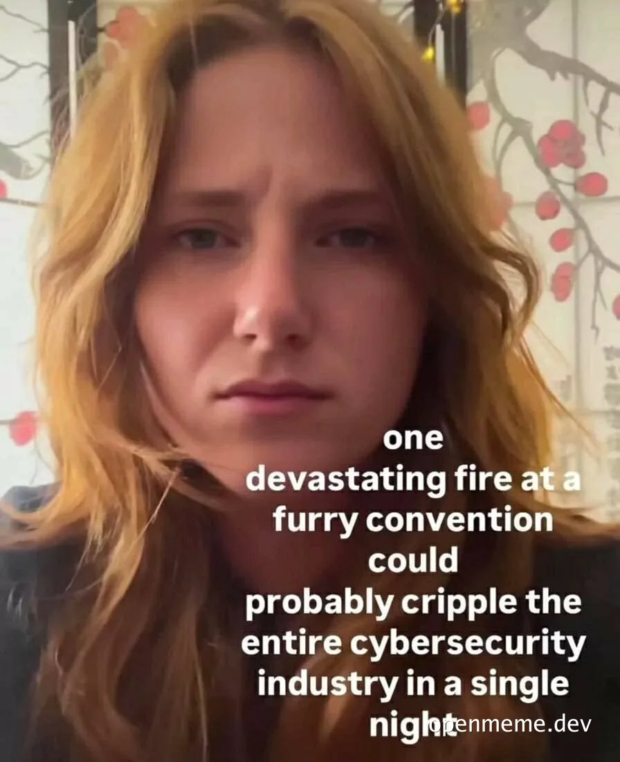 Blonde woman with a serious expression and text about a furry convention fire affecting cybersecurity