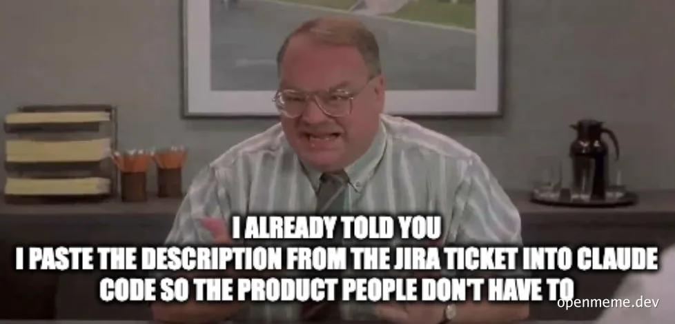 angry man in office setting with text about jira and claude code
