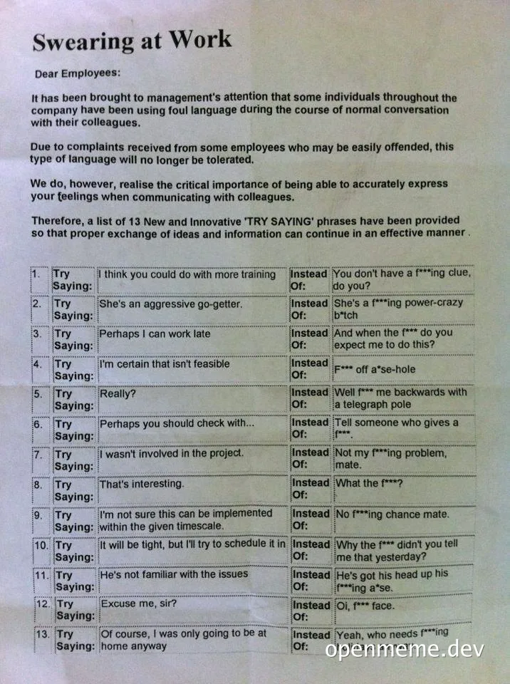 A company memo titled 'Swearing at Work' with a list of 13 phrases to replace swear words in the workplace.