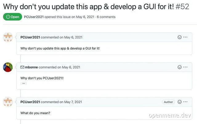 A screenshot of a confusing GitHub issue conversation