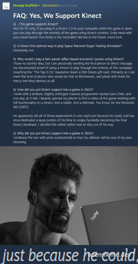 man looking at laptop with text about Kinect support