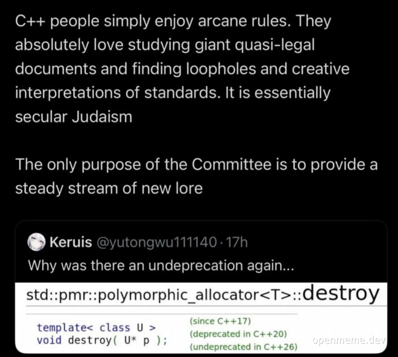 A screenshot of a tweet discussing C++ polymorphic allocator deprecation and undeprecation across different C++ standards.