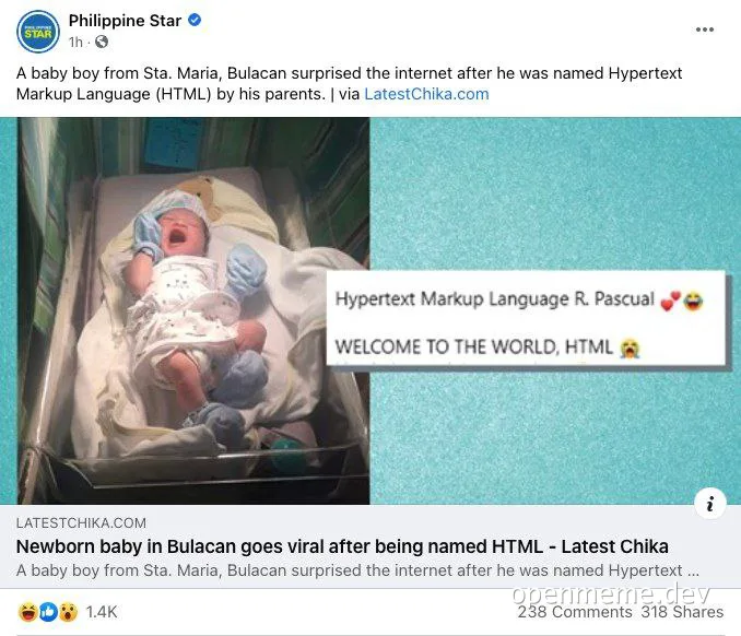 Newborn baby in a hospital bassinet next to a sign reading Welcome to the world HTML