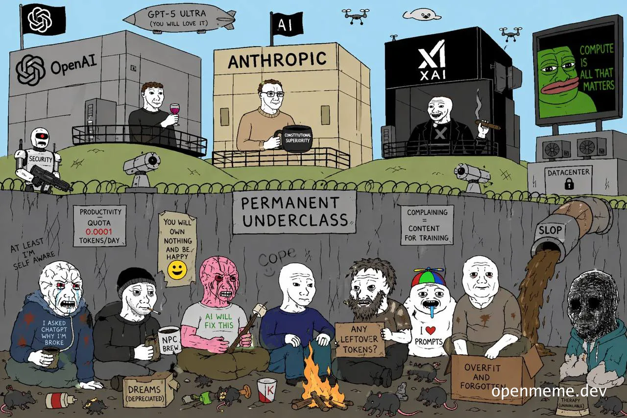 Cartoon depicting AI underclass with people sitting by a wall, contrasted with wealthy AI companies