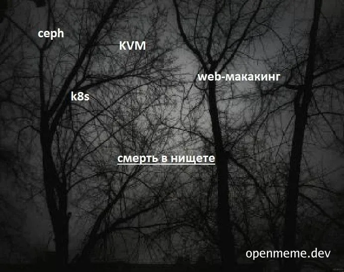 dark forest with leafless trees and russian text overlay