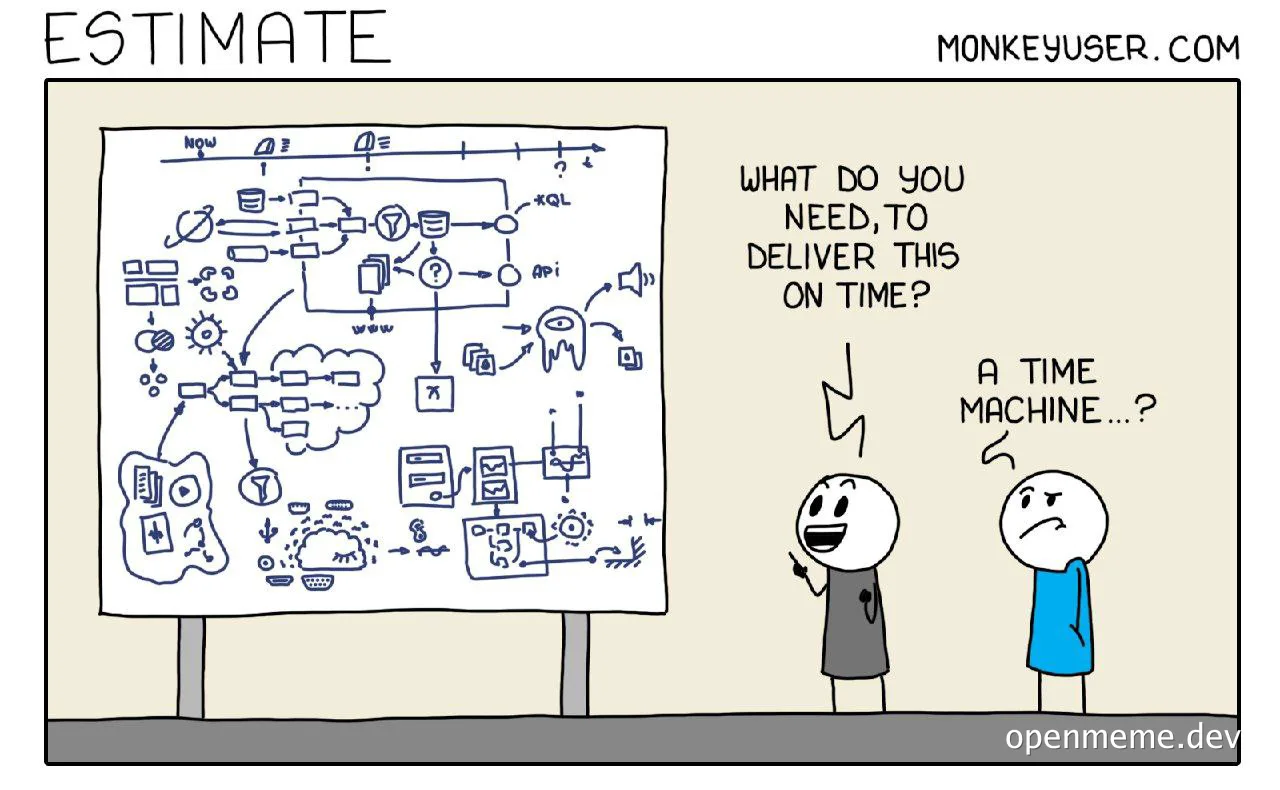 cartoon of a developer and manager discussing a complex project timeline
