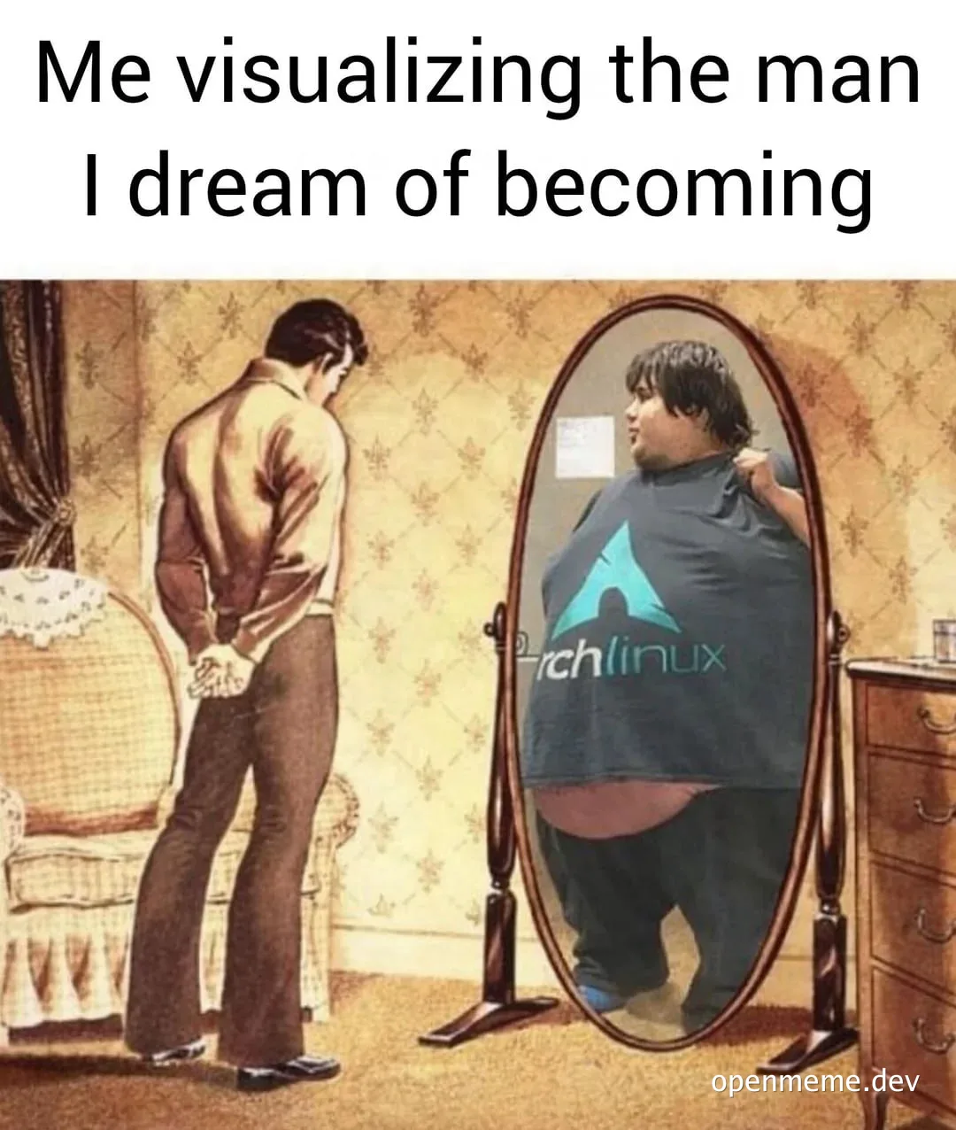 Man looking at mirror with ideal self-image of Arch Linux t-shirt