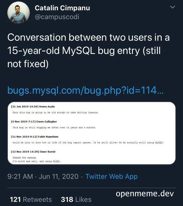 a screenshot of a conversation between two users in a 15-year-old MySQL bug entry