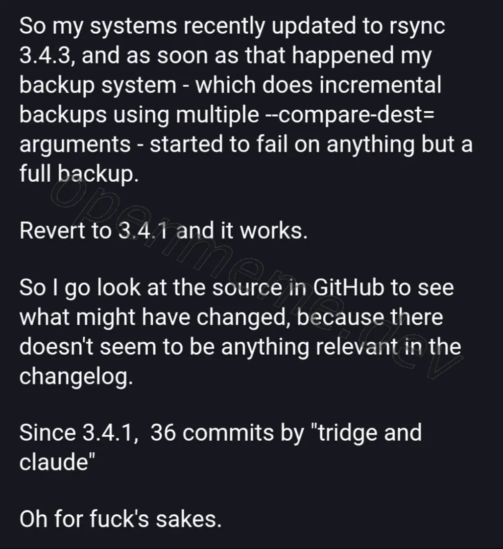 Frustrated developer investigating rsync backup issue