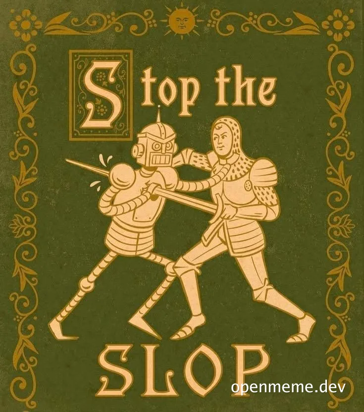 Vintage book cover style illustration of a medieval knight fighting a robot with the text Stop the Slop