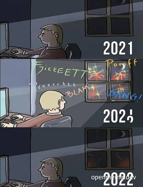 cartoon developer looks stressed in 2021 then calm in 2022