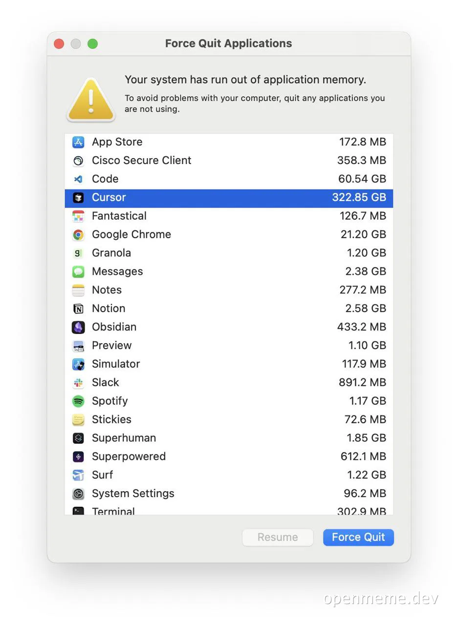 macos force quit applications memory error