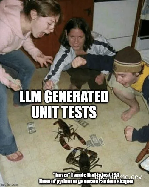 People looking at lobsters with text 'LLM GENERATED UNIT TESTS'