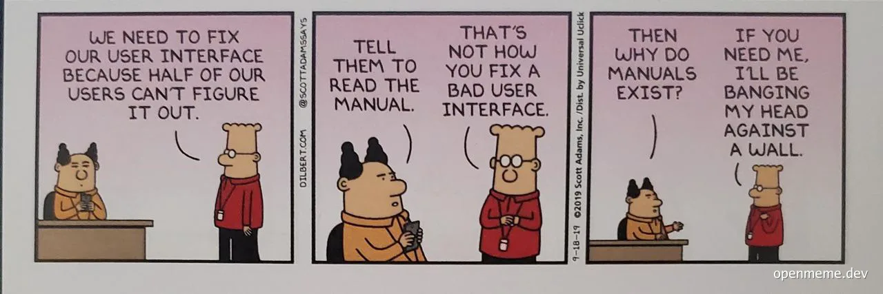 Dilbert comic strip about fixing a bad user interface