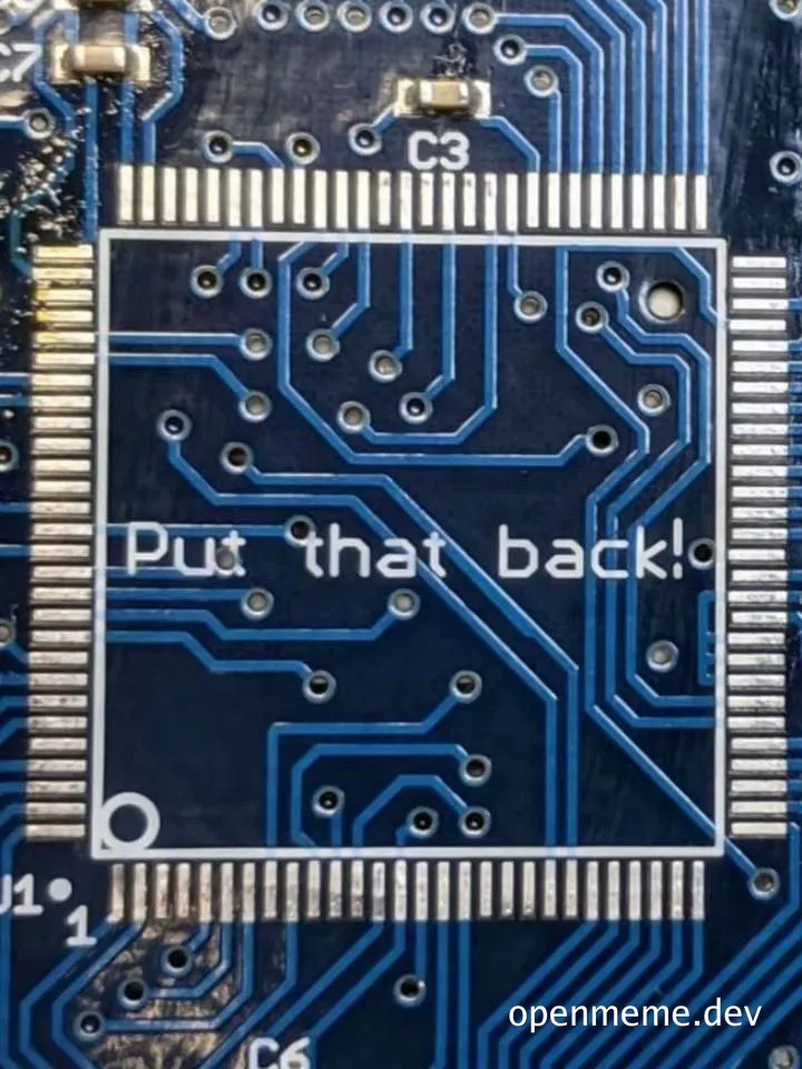 Circuit board with the text 'Put that back!'