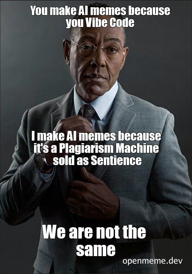 Man in suit pointing and text about AI memes