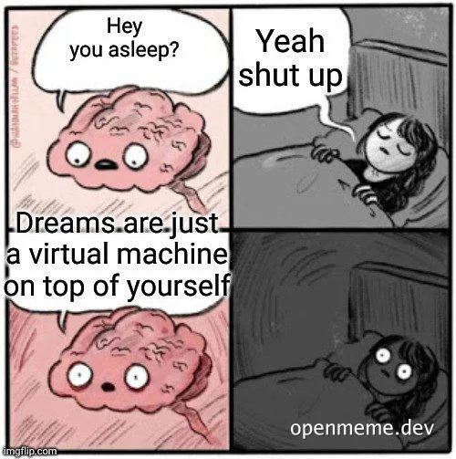 cartoon brain talking to sleeping woman about dreams as virtual machines