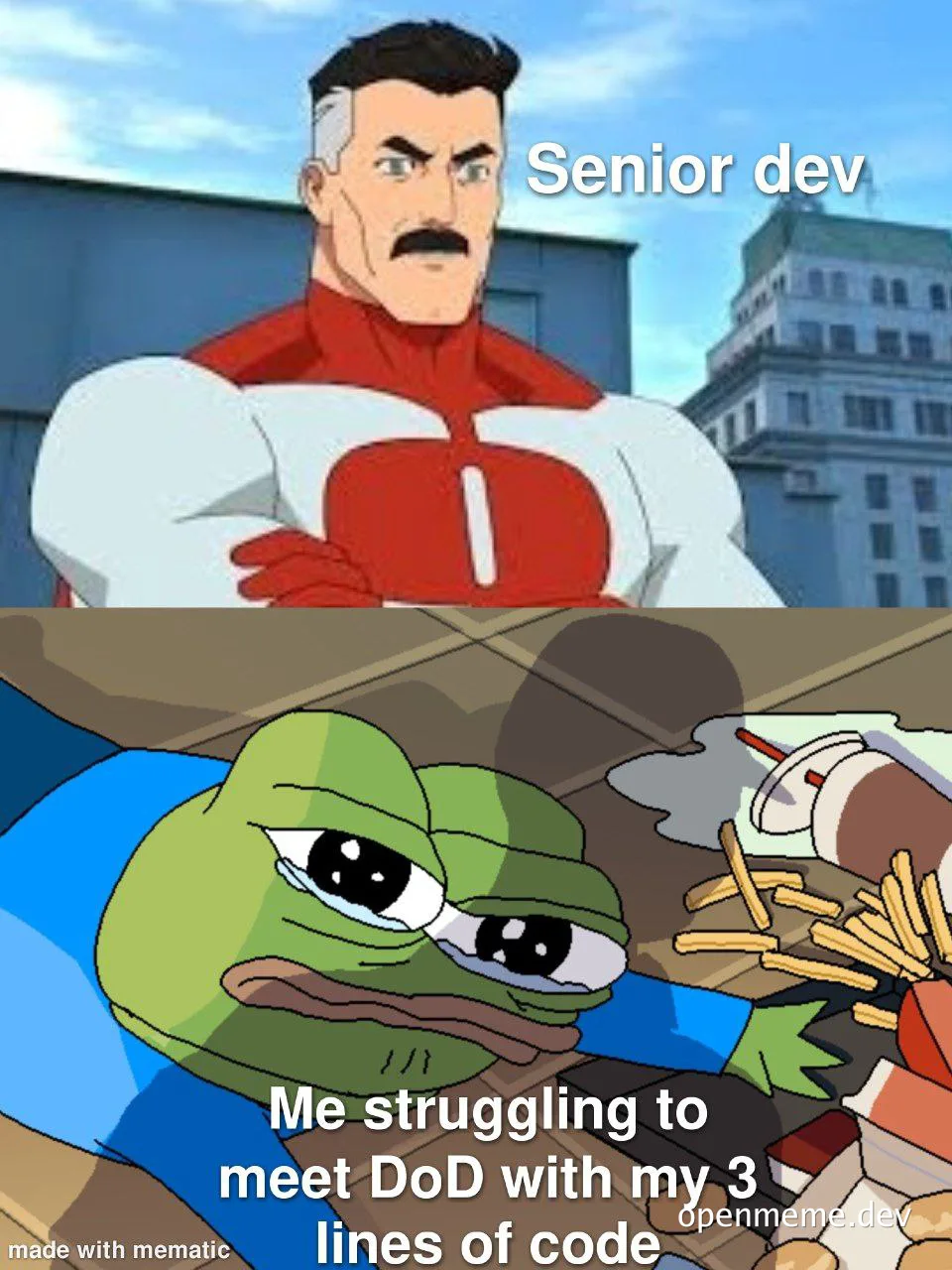 senior dev vs struggling to meet dod with 3 lines of code
