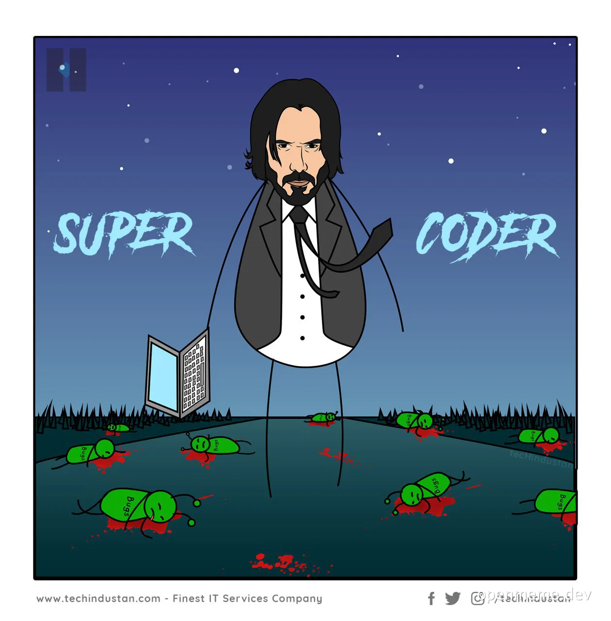 Super Coder cartoon with Keanu Reeves standing over bugs