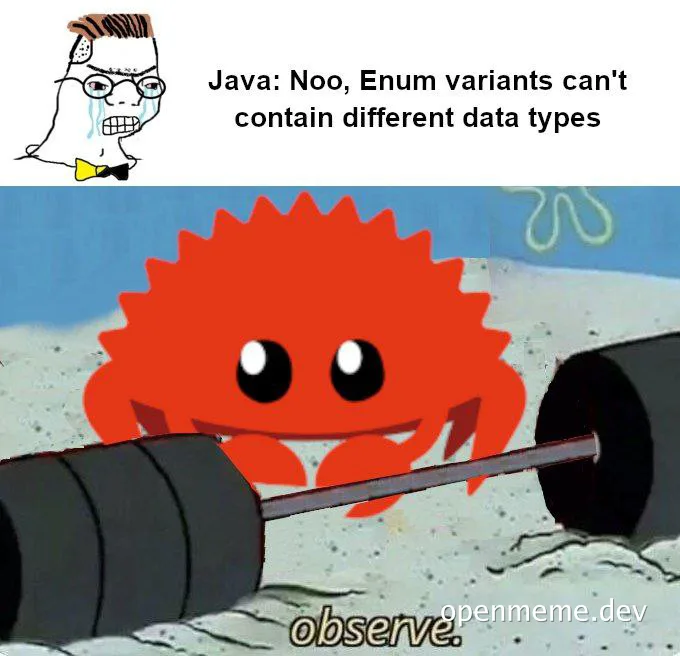 SpongeBob SquarePants crab character lifting weights with a caption about Java Enum variants