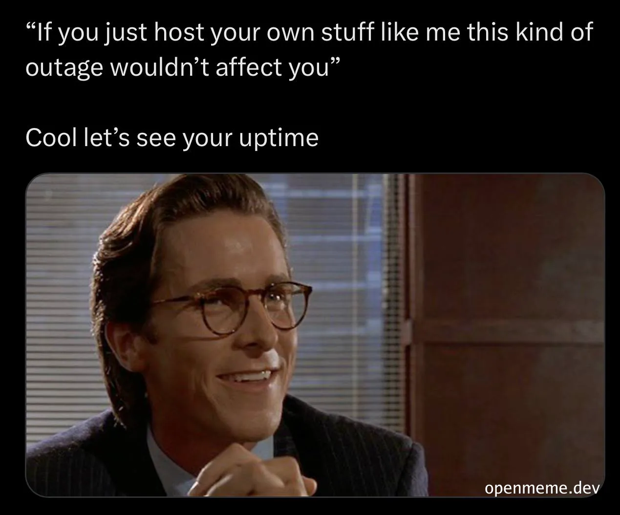 Smiling man in a suit looking smug with text about hosting and uptime