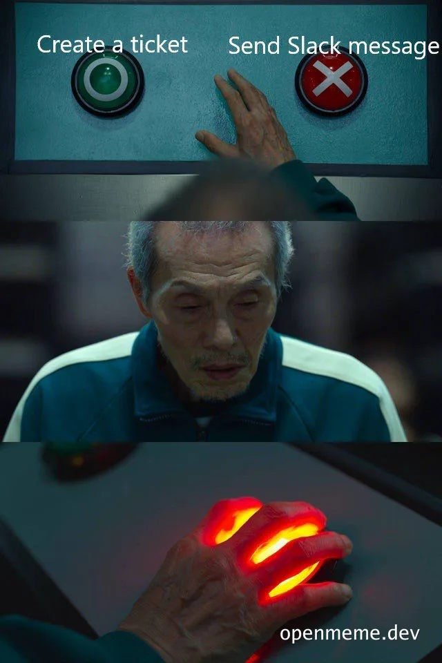 An elderly IT support worker choosing between creating a ticket or sending a Slack message with a humorous reaction
