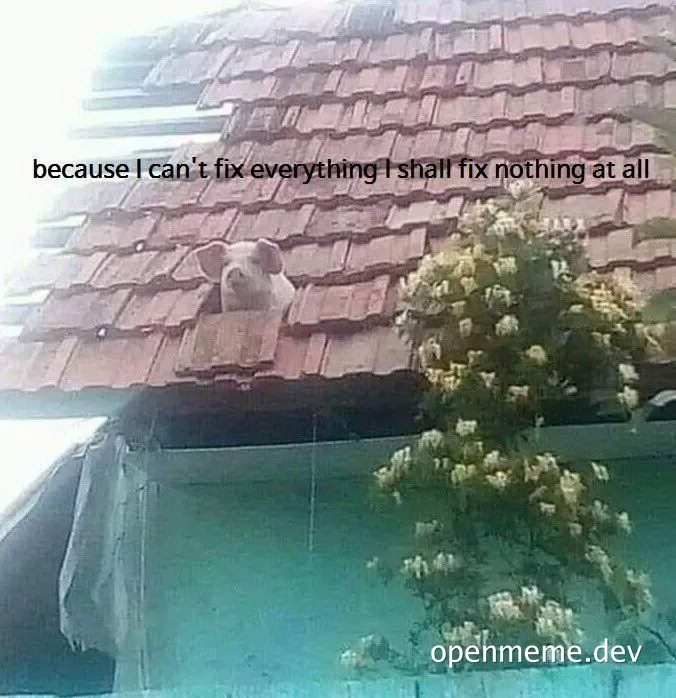 Dog peeking over roof with text 'because I can't fix everything I shall fix nothing at all'