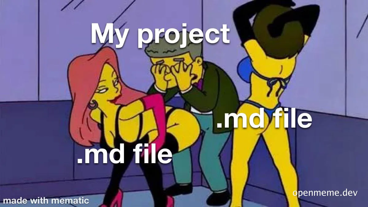 Cartoon man labeled 'My project' covering his eyes in distress while two dancing women labeled '.md file' surround him