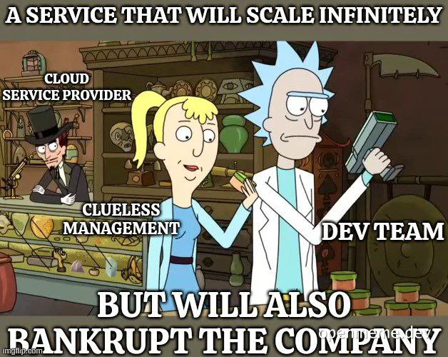 Rick and Morty characters representing dev team, clueless management, and cloud service provider with text about infinite scalability and bankruptcy