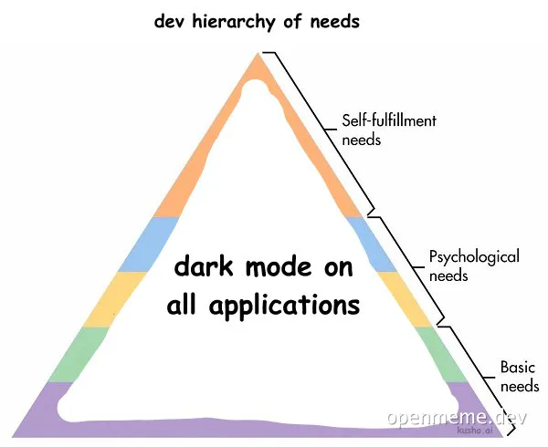 A pyramid chart labeled 'dev hierarchy of needs' with 'dark mode on all applications' at its center