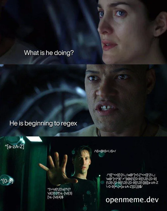 Neo from The Matrix touching a computer screen with regex code