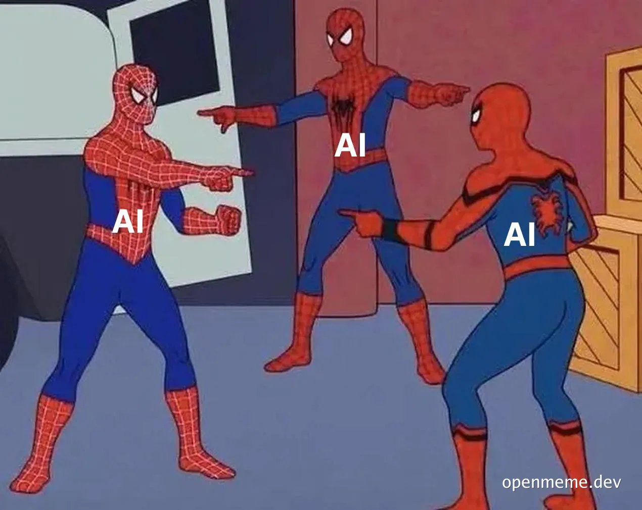 Three Spider-Man characters pointing at each other, labeled AI