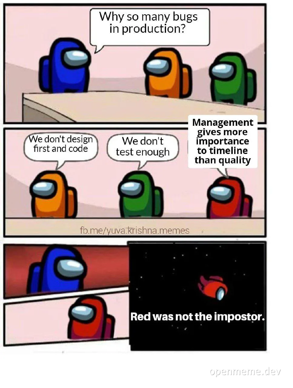 Among Us characters discussing bugs in production and the impostor among them