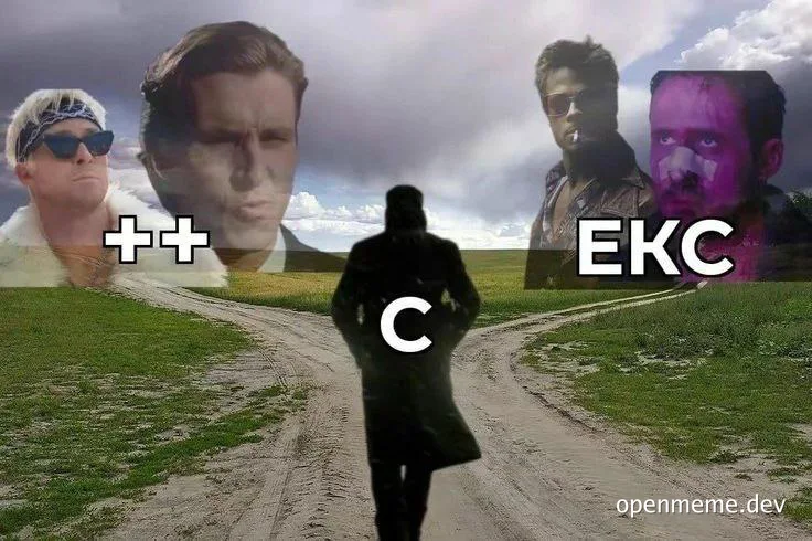 Man at a crossroads choosing between coding options